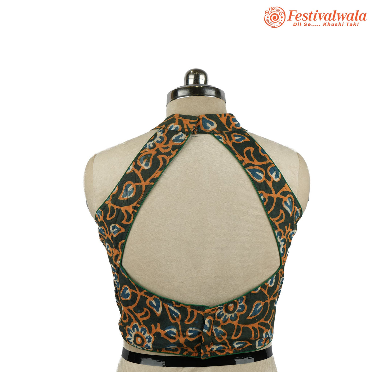 Handmade Ethnic Razor Cut Ajrakh Green and Yellow Color Blouse Design For Sarees by Festivalwala