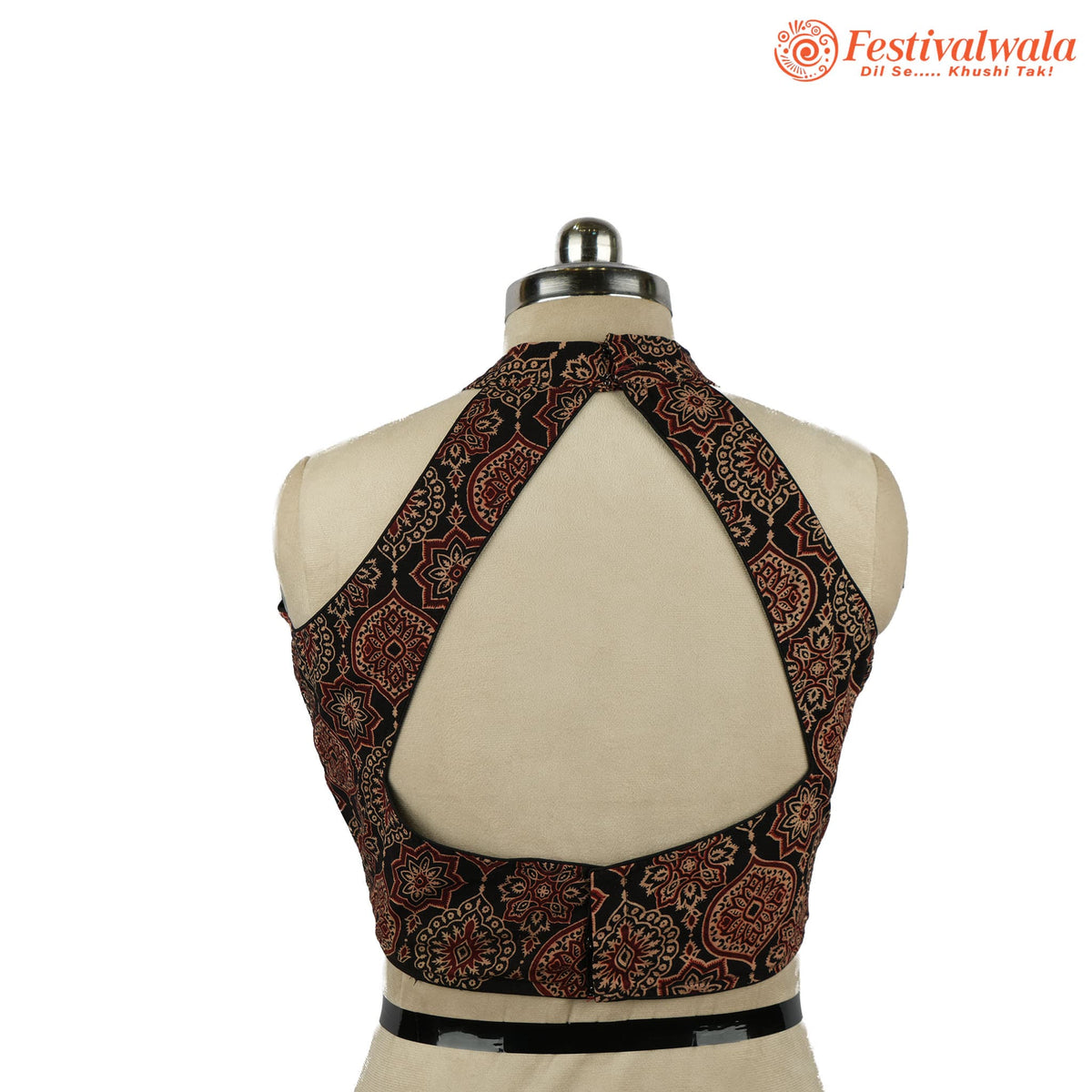Handmade Ethnic Razor Cut Ajrakh Black and Red Color Blouse Design For Sarees by Festivalwala