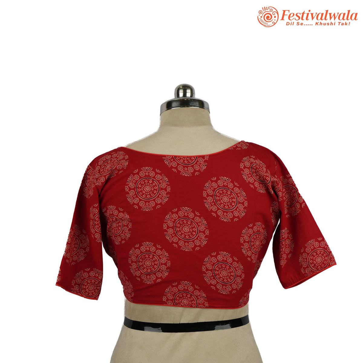 Handmade Ethnic Ajrakh Print Red and White Color Blouse Design For Sarees by Festivalwala
