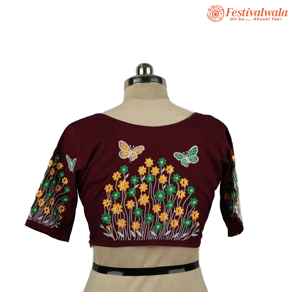 Handmade Ethnic Kantha Embroidered Brown Color Blouse Design For Sarees by Festivalwala
