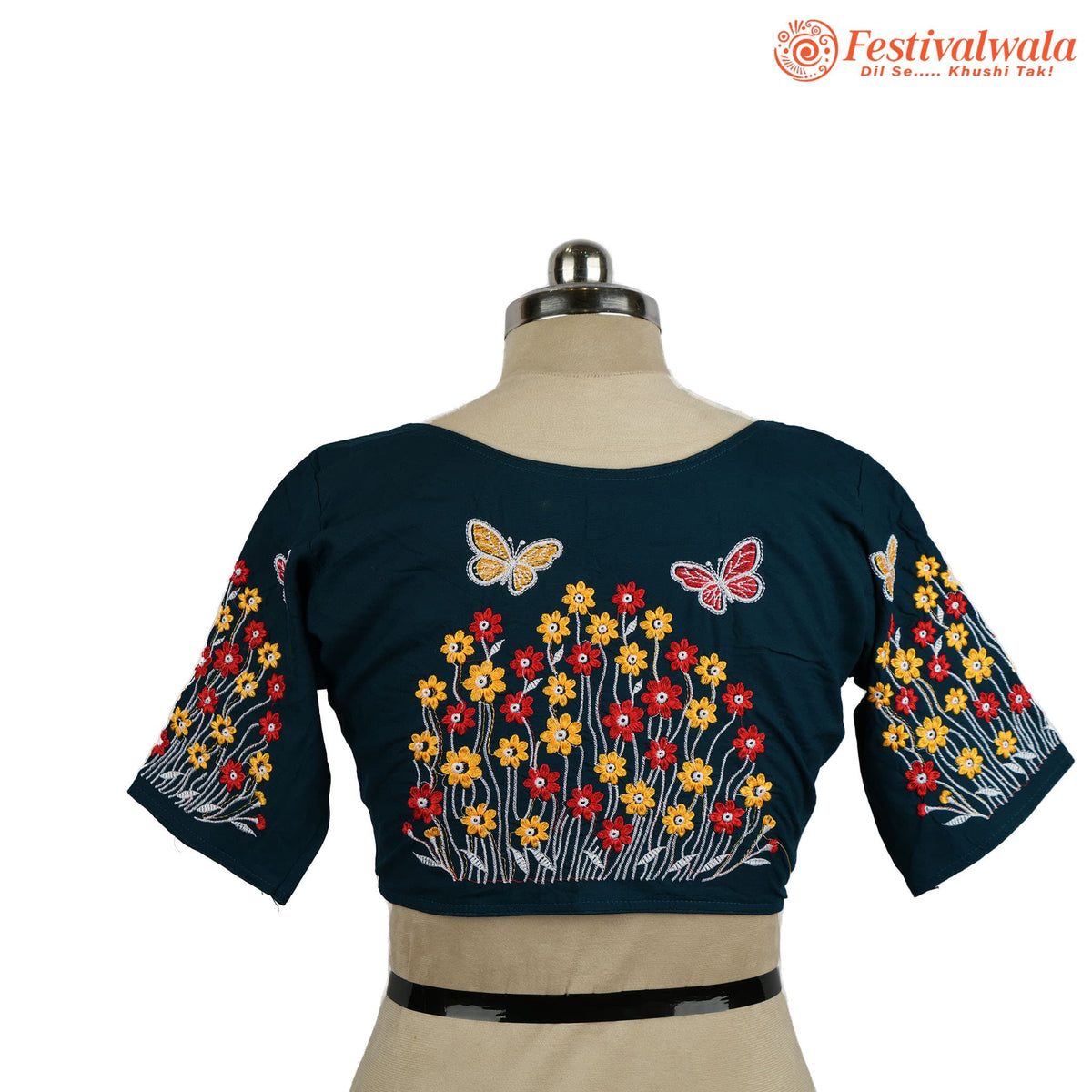 Handmade Ethnic Kantha Emroidered Dark Blue Color Blouse Design For Sarees by Festivalwala