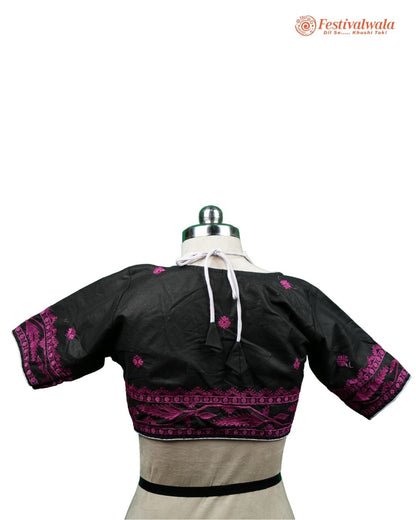 Handmade Ethnic Masaba Cut Jamdani Black, White and Purple Color Blouse Design For Sarees by Festivalwala