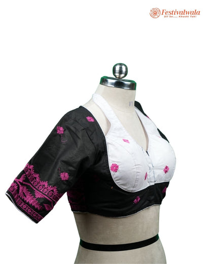 Handmade Ethnic Masaba Cut Jamdani Black, White and Purple Color Blouse Design For Sarees by Festivalwala