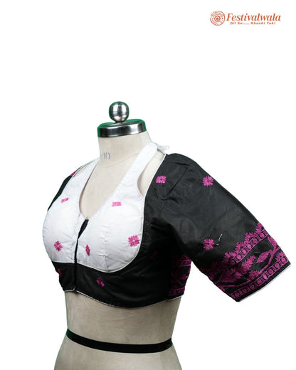Handmade Ethnic Masaba Cut Jamdani Black, White and Purple Color Blouse Design For Sarees by Festivalwala