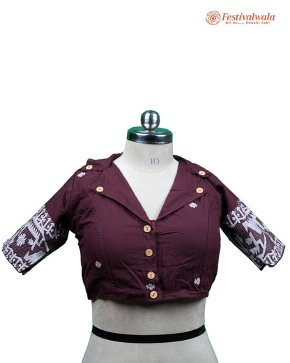Handmade Ethnic Collared Neck Jamdani Maroon Color Blouse Design For Sarees by Festivalwala