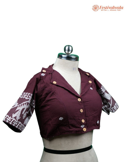 Handmade Ethnic Collared Neck Jamdani Maroon Color Blouse Design For Sarees by Festivalwala
