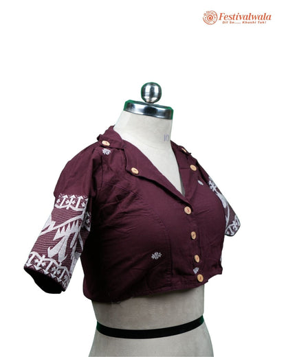 Handmade Ethnic Collared Neck Jamdani Maroon Color Blouse Design For Sarees by Festivalwala