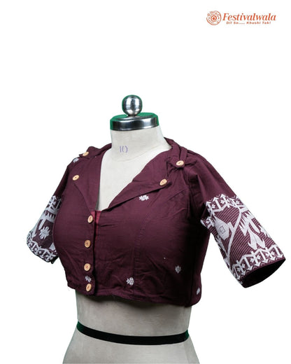 Handmade Ethnic Collared Neck Jamdani Maroon Color Blouse Design For Sarees by Festivalwala