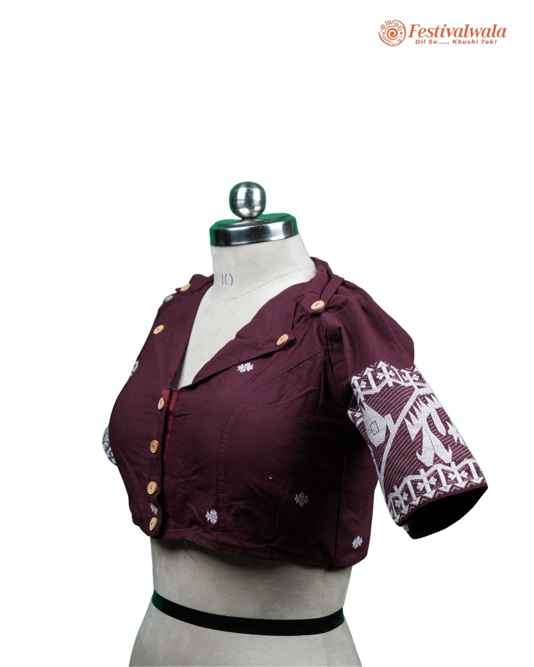Handmade Ethnic Collared Neck Jamdani Maroon Color Blouse Design For Sarees by Festivalwala