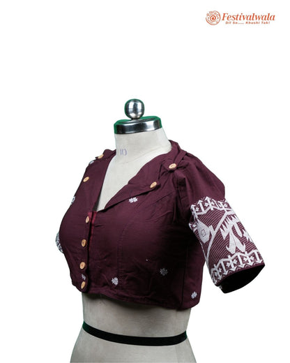Handmade Ethnic Collared Neck Jamdani Maroon Color Blouse Design For Sarees by Festivalwala