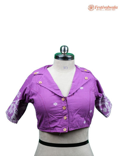 Handmade Ethnic Collared Neck Jamdani Purple Color Blouse Design For Sarees by Festivalwala