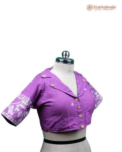 Handmade Ethnic Collared Neck Jamdani Purple Color Blouse Design For Sarees by Festivalwala