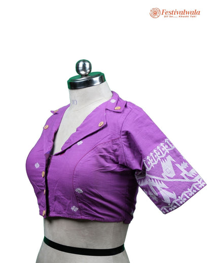 Handmade Ethnic Collared Neck Jamdani Purple Color Blouse Design For Sarees by Festivalwala