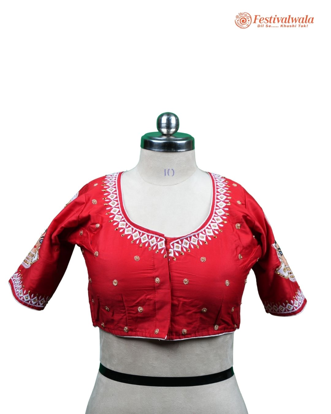 Handmade Ethnic Shakti Sleeve Embroidered Red Color Blouse Design For Sarees by Festivalwala