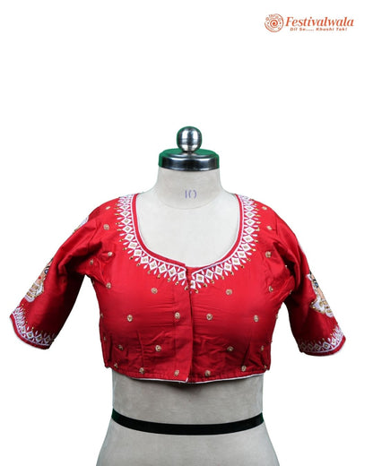 Handmade Ethnic Shakti Sleeve Embroidered Red Color Blouse Design For Sarees by Festivalwala