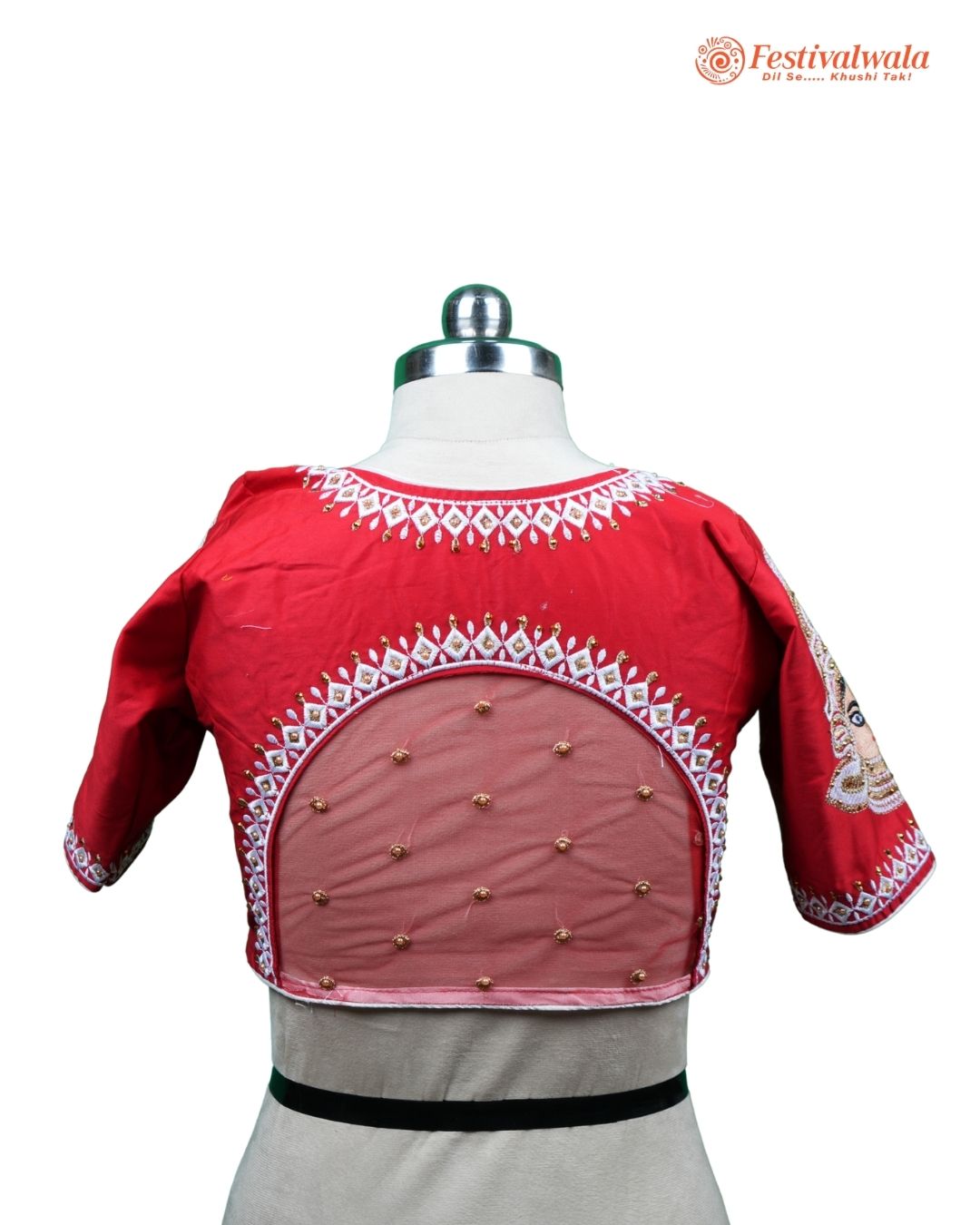 Handmade Ethnic Shakti Sleeve Embroidered Red Color Blouse Design For Sarees by Festivalwala
