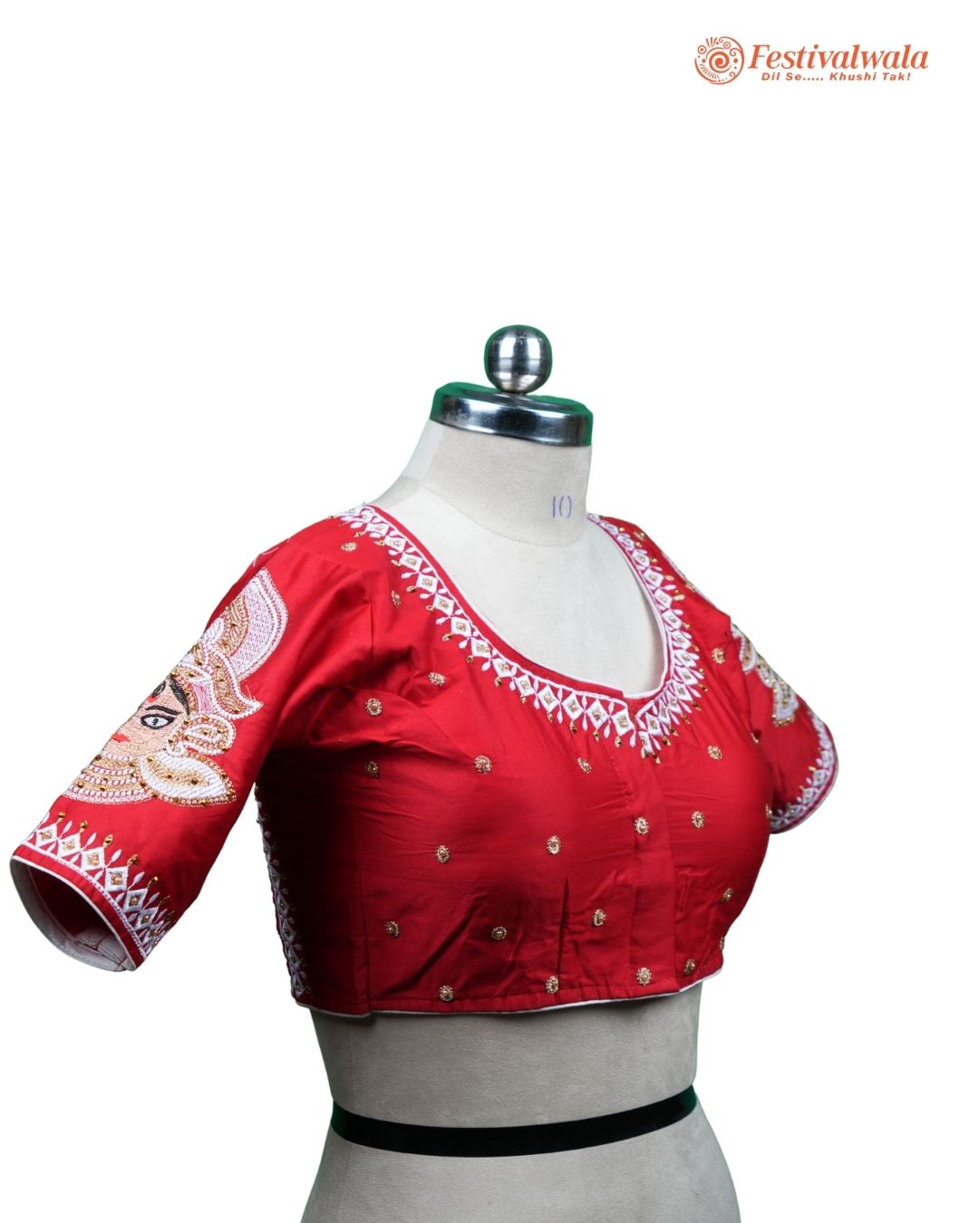 Handmade Ethnic Shakti Sleeve Embroidered Red Color Blouse Design For Sarees by Festivalwala