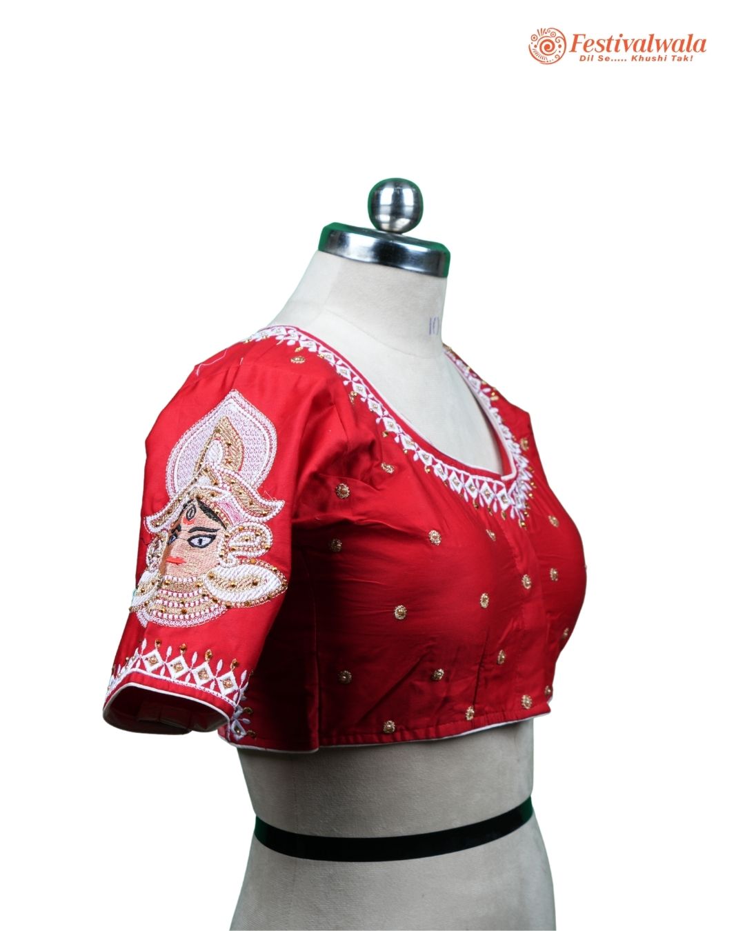 Handmade Ethnic Shakti Sleeve Embroidered Red Color Blouse Design For Sarees by Festivalwala
