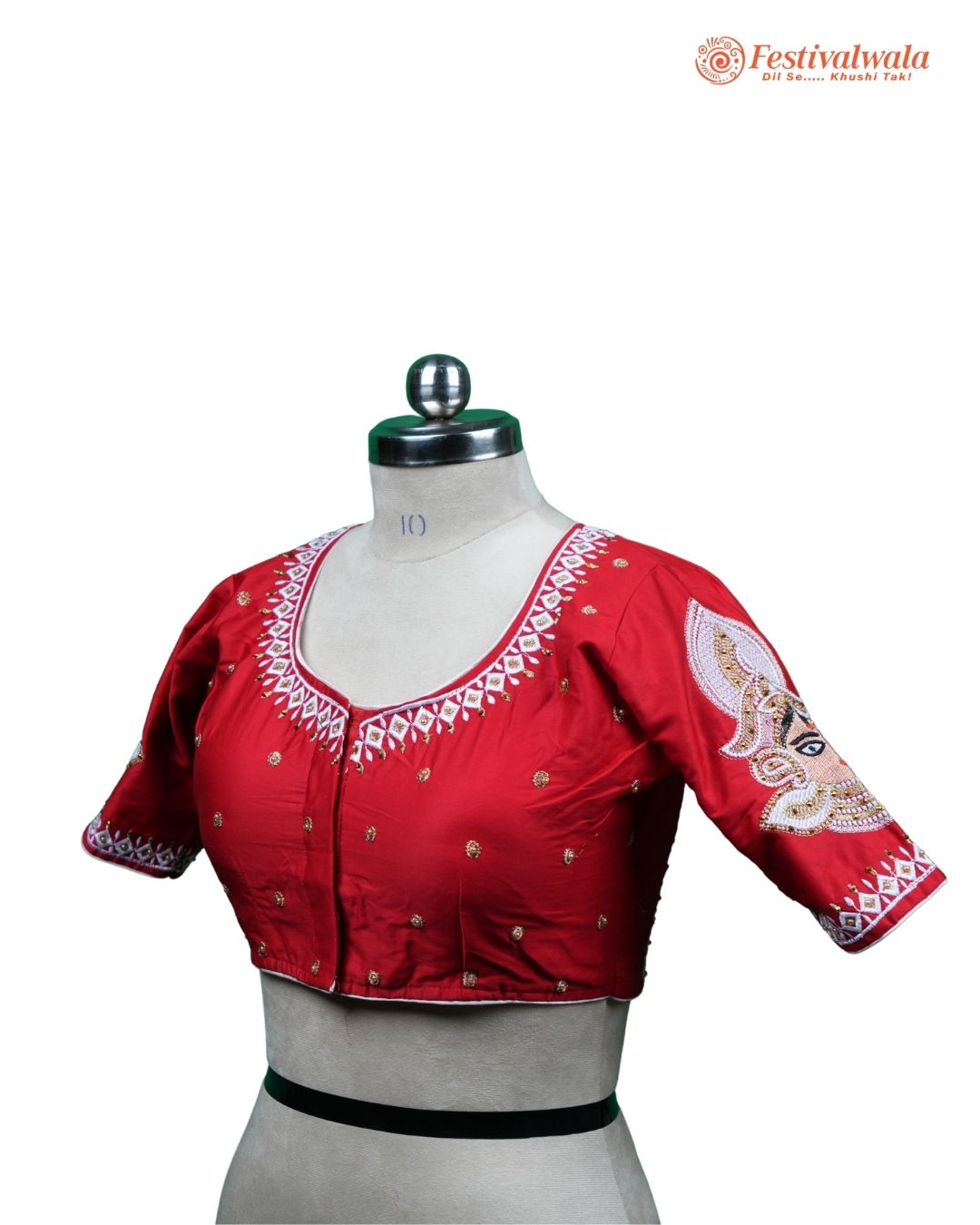 Handmade Ethnic Shakti Sleeve Embroidered Red Color Blouse Design For Sarees by Festivalwala