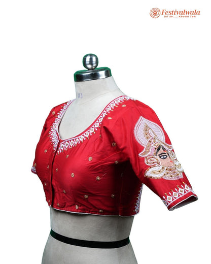 Handmade Ethnic Shakti Sleeve Embroidered Red Color Blouse Design For Sarees by Festivalwala