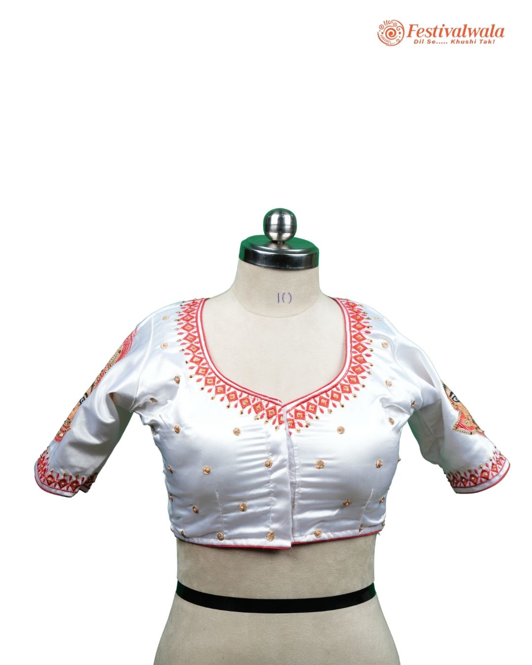 Handmade Ethnic Shakti Sleeve Embroidered White and Red Color Blouse Design For Sarees by Festivalwala