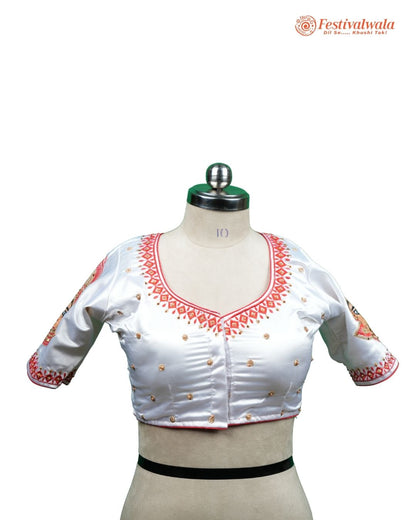 Handmade Ethnic Shakti Sleeve Embroidered White and Red Color Blouse Design For Sarees by Festivalwala