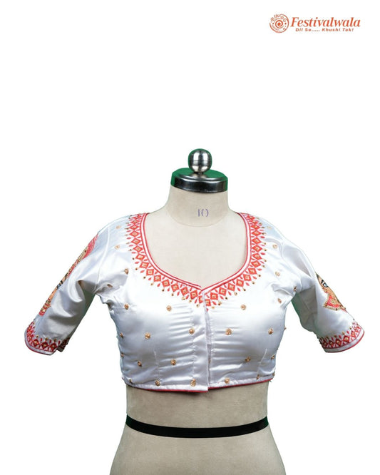 Handmade Ethnic Shakti Sleeve Embroidered White and Red Color Blouse Design For Sarees by Festivalwala