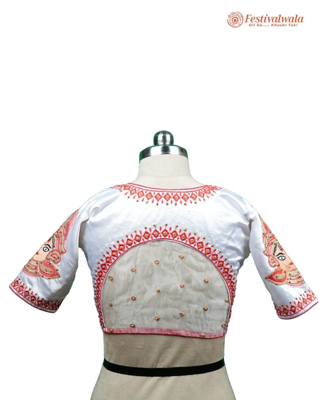 Handmade Ethnic Shakti Sleeve Embroidered White and Red Color Blouse Design For Sarees by Festivalwala
