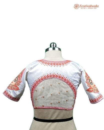 Handmade Ethnic Shakti Sleeve Embroidered White and Red Color Blouse Design For Sarees by Festivalwala