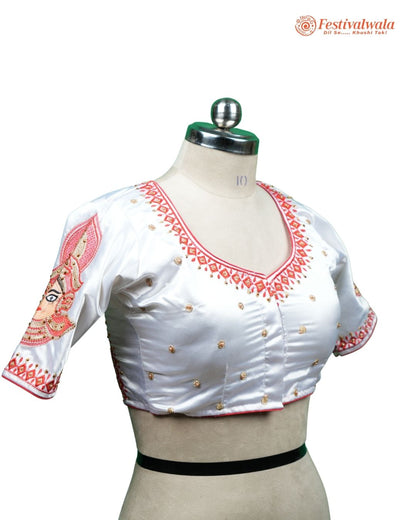 Handmade Ethnic Shakti Sleeve Embroidered White and Red Color Blouse Design For Sarees by Festivalwala