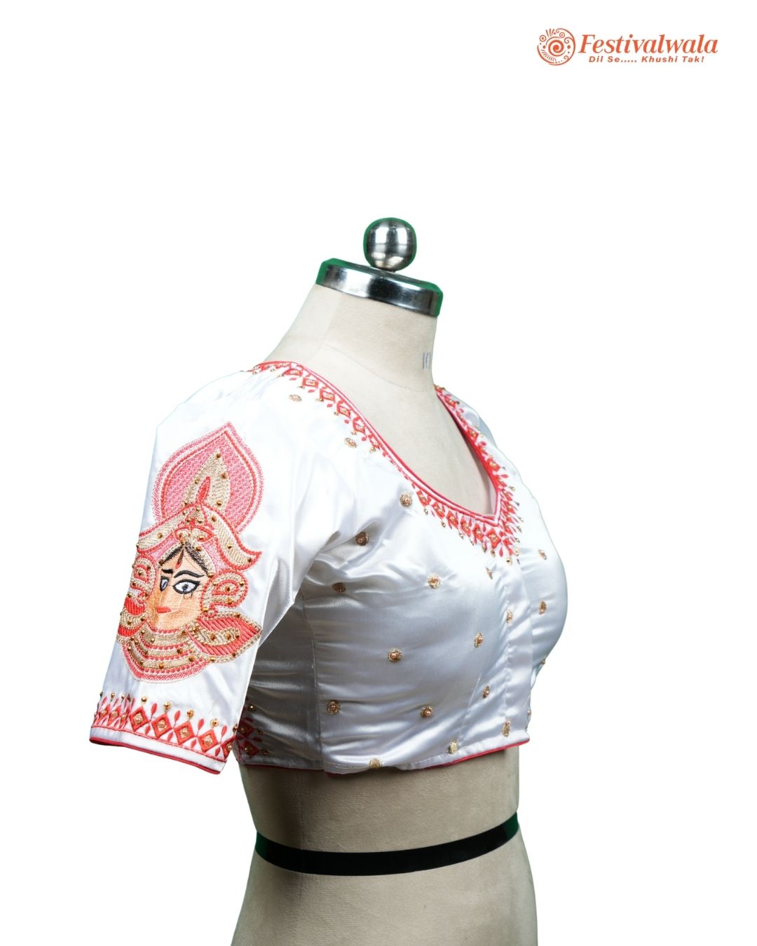 Handmade Ethnic Shakti Sleeve Embroidered White and Red Color Blouse Design For Sarees by Festivalwala