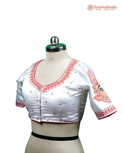 Handmade Ethnic Shakti Sleeve Embroidered White and Red Color Blouse Design For Sarees by Festivalwala