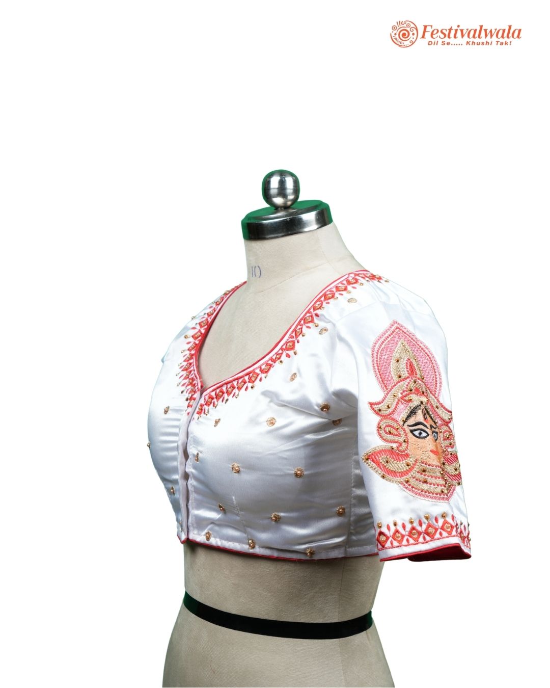 Handmade Ethnic Shakti Sleeve Embroidered White and Red Color Blouse Design For Sarees by Festivalwala