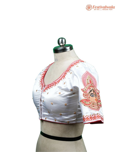 Handmade Ethnic Shakti Sleeve Embroidered White and Red Color Blouse Design For Sarees by Festivalwala