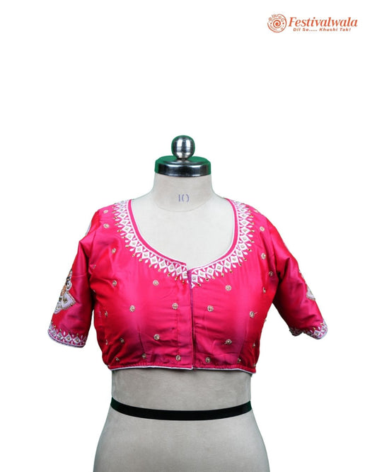 Handmade Ethnic Shakti Sleeve Embroidered Pink Color Blouse Design For Sarees by Festivalwala