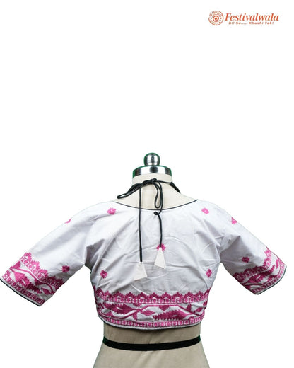 Handmade Ethnic Masaba Cut Jamdani White, Black and Purple Color Blouse Design For Sarees by Festivalwala