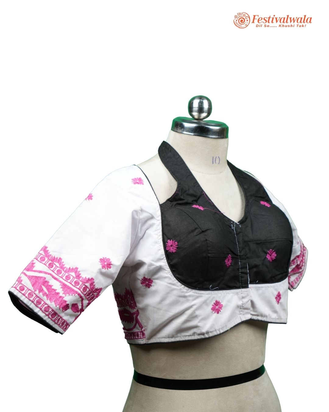 Handmade Ethnic Masaba Cut Jamdani White, Black and Purple Color Blouse Design For Sarees by Festivalwala