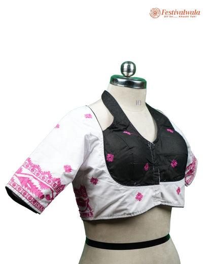Handmade Ethnic Masaba Cut Jamdani White, Black and Purple Color Blouse Design For Sarees by Festivalwala