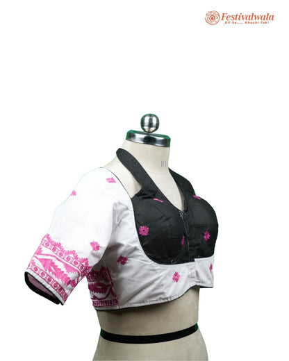 Handmade Ethnic Masaba Cut Jamdani White, Black and Purple Color Blouse Design For Sarees by Festivalwala