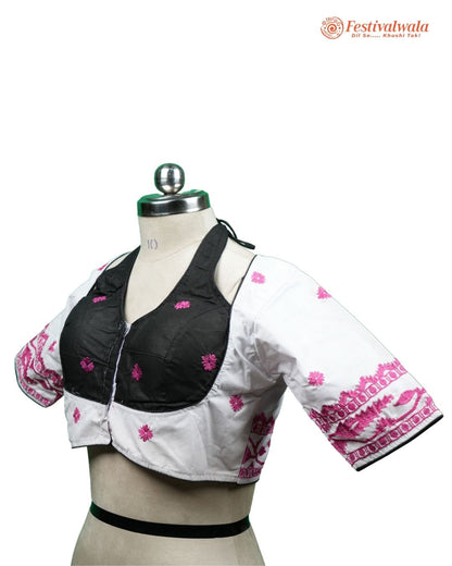 Handmade Ethnic Masaba Cut Jamdani White, Black and Purple Color Blouse Design For Sarees by Festivalwala