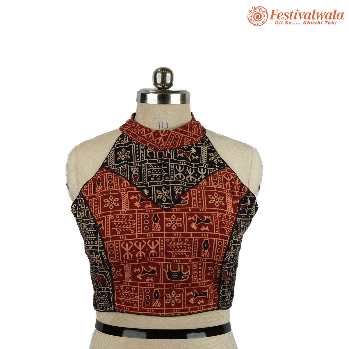 Handmade Ethnic Razor Cut Ajrakh  Red and Black Color Blouse Design For Sarees by Festivalwala