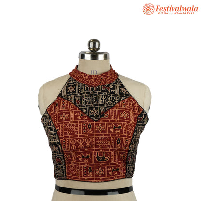 Handmade Ethnic Razor Cut Ajrakh  Red and Black Color Blouse Design For Sarees by Festivalwala
