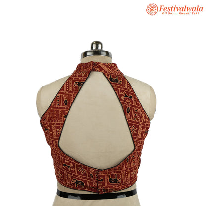 Handmade Ethnic Razor Cut Ajrakh  Red and Black Color Blouse Design For Sarees by Festivalwala