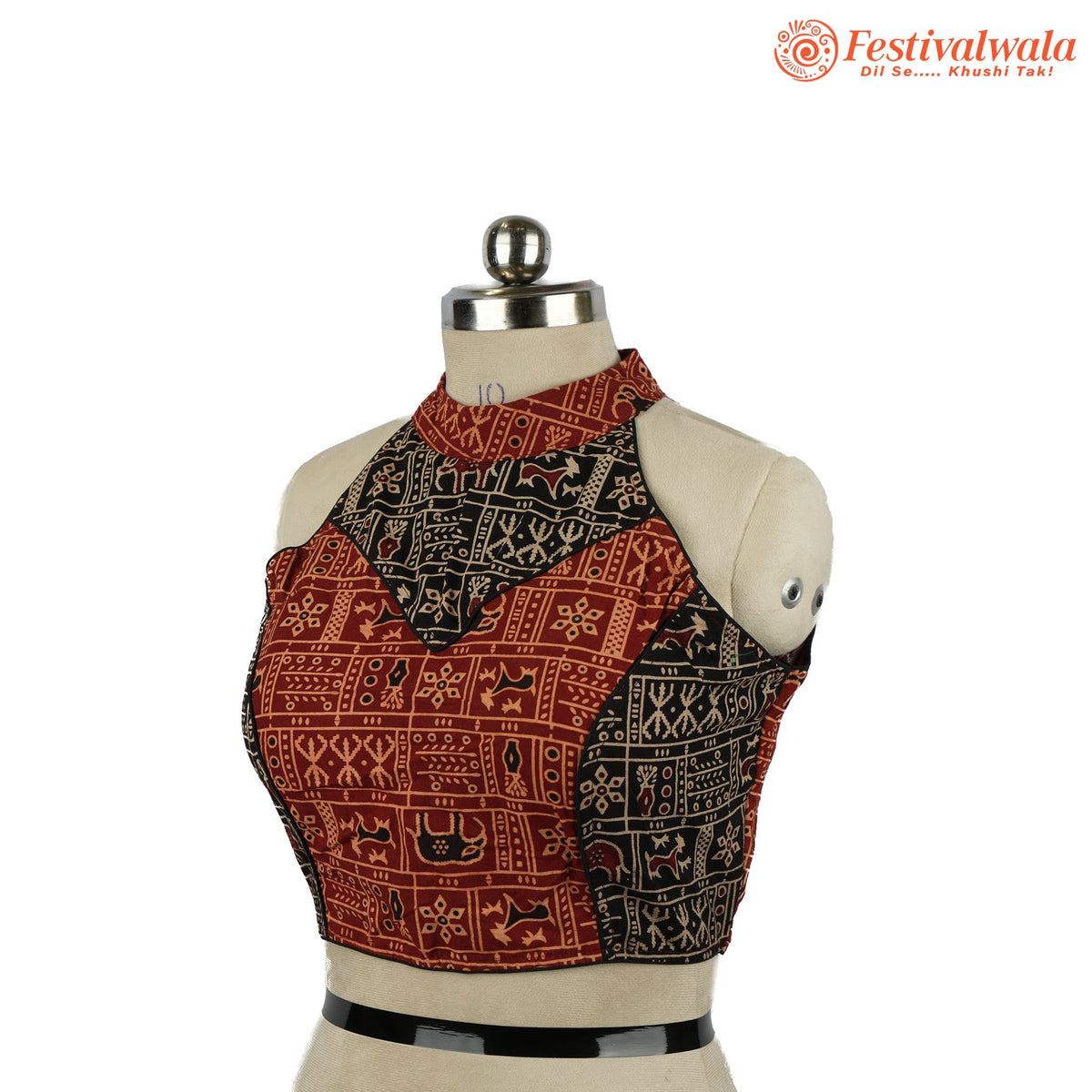 Handmade Ethnic Razor Cut Ajrakh  Red and Black Color Blouse Design For Sarees by Festivalwala