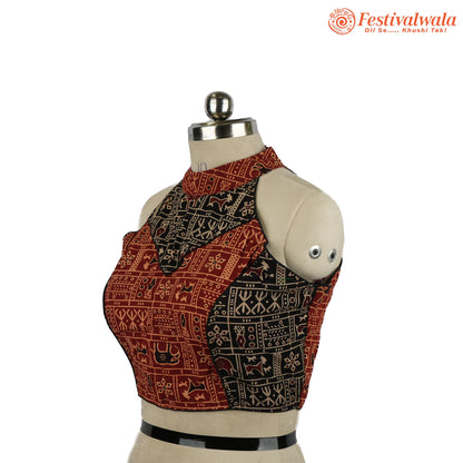 Handmade Ethnic Razor Cut Ajrakh  Red and Black Color Blouse Design For Sarees by Festivalwala