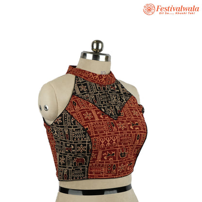 Handmade Ethnic Razor Cut Ajrakh  Red and Black Color Blouse Design For Sarees by Festivalwala