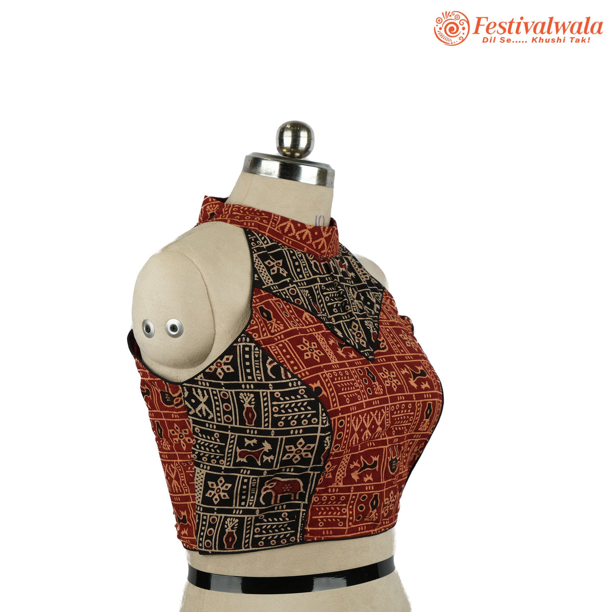 Handmade Ethnic Razor Cut Ajrakh  Red and Black Color Blouse Design For Sarees by Festivalwala