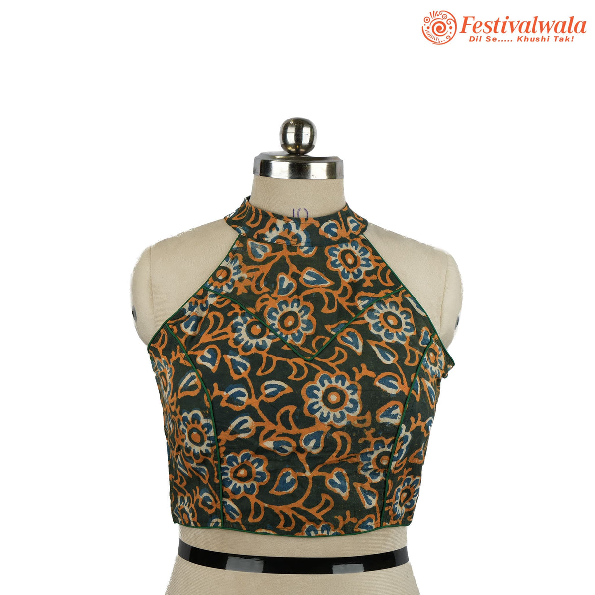 Handmade Ethnic Razor Cut Ajrakh Green and Yellow Color Blouse Design For Sarees by Festivalwala