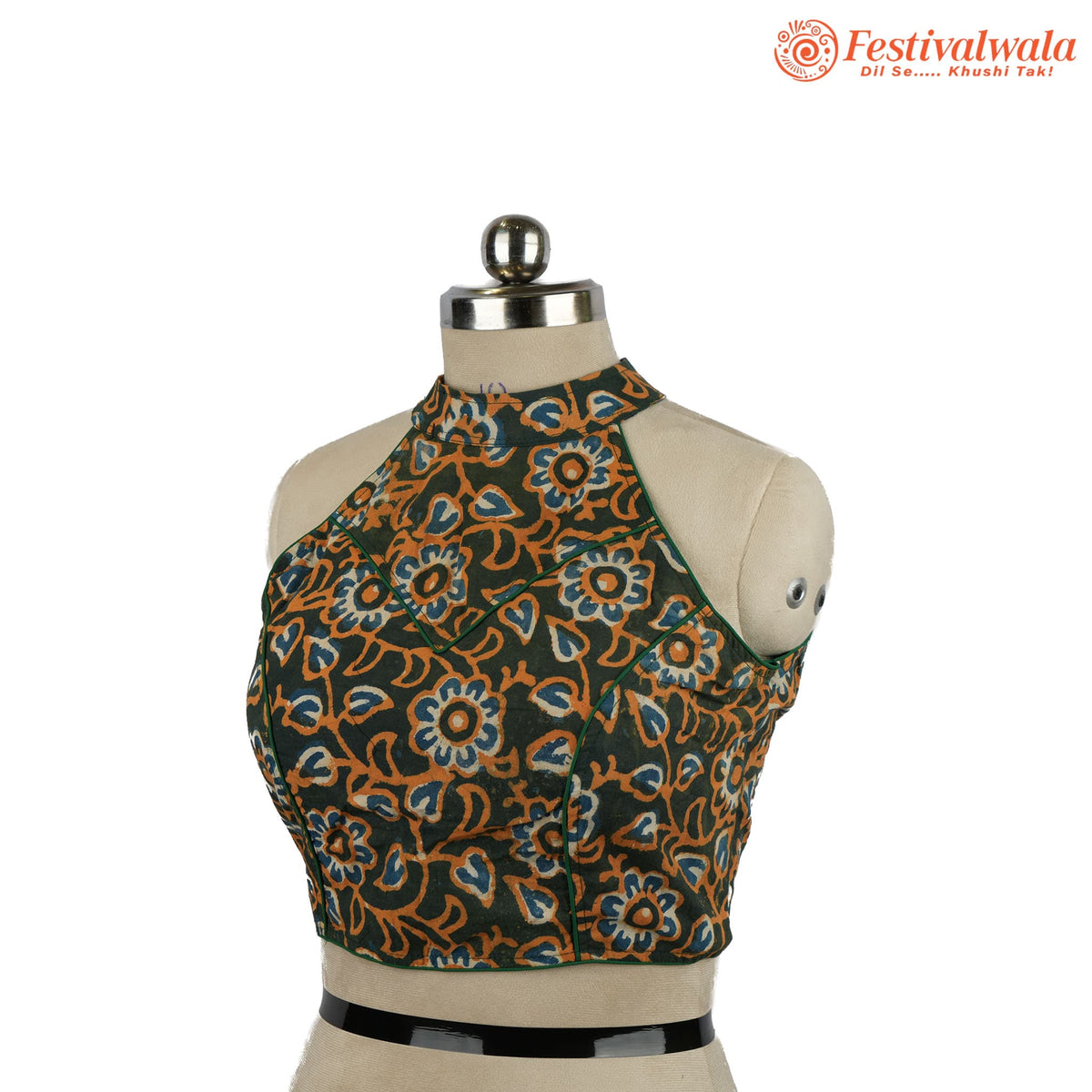 Handmade Ethnic Razor Cut Ajrakh Green and Yellow Color Blouse Design For Sarees by Festivalwala
