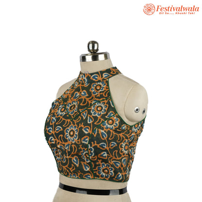Handmade Ethnic Razor Cut Ajrakh Green and Yellow Color Blouse Design For Sarees by Festivalwala